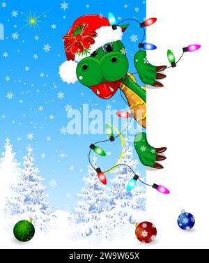 Simpatico e divertente drago dei cartoni animati sullo sfondo di una foresta innevata invernale. Personaggio da favola. Dinosauro verde. Illustrazione Vettoriale