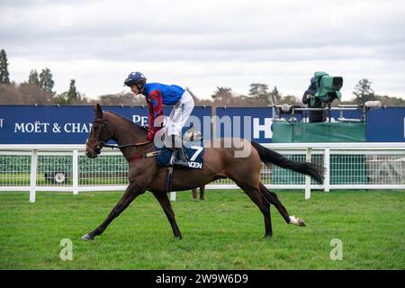 Ascot, Regno Unito. 23 dicembre 2023. L'ippodromo Paisley Park, guidato dal fantino Tom Bellamy, si dirige verso il circuito all'ippodromo di Ascot per gareggiare nella Howden Long Walk hurdle Race all'Howden Christmas Racing Weekend. Proprietario Andrew Gemmell. L'addestratrice Emma Lavelle, Marlborough. Sponsor Hatherden Horse Transport. Credito: Maureen McLean/Alamy Foto Stock