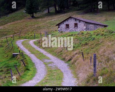 Fienili in pietra nella Roseg Valley, Alpine St Moritz, Svizzera Foto Stock