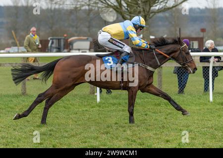 Betterforeveryone, guidato da Tom Cannon e allenato da Alan King, corre nell'ostacolo handicap a Wincanton, il 10 marzo 2022 Foto Stock