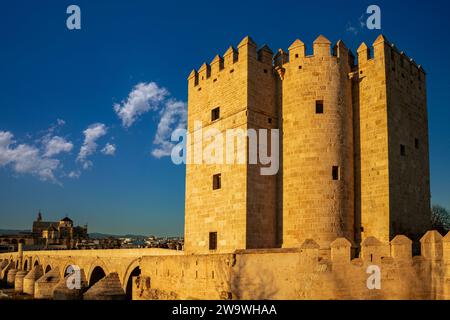 Torre de la Calahorra alla fine del ponte romano a Córdoba, in Andalusia, con la moschea e la cattedrale sullo sfondo Foto Stock