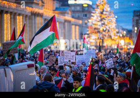 Stoccarda, Germania. 30 dicembre 2023. Numerose persone partecipano a una manifestazione pro-Palestina e si riuniscono a Schlossplatz con bandiere e cartelli. Credito: Christoph Schmidt/dpa/Alamy Live News Foto Stock