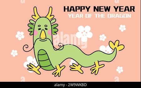 Divertente drago cinese Capodanno 2024 carta con sfondo in fiori di prugna. Illustrazione Vettoriale