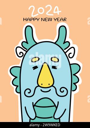 Illustrazione dell'anno del cartone animato del drago. Divertente illustrazione vettoriale del volto di drago asiatico. Illustrazione del biglietto di auguri per il Capodanno 2024 in Cina. Illustrazione Vettoriale