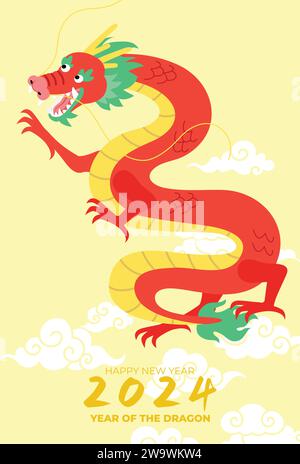 Drago cinese che vola il nuovo anno 2024. Buon anno lunare carta vettoriale 2024. Illustrazione Vettoriale