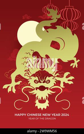 Drago cinese tradizionale Capodanno 2024 oro e rosso. Faccia anteriore del drago asiatico che vola su sfondo di luna piena. Drago stile taglio carta. Illustrazione Vettoriale