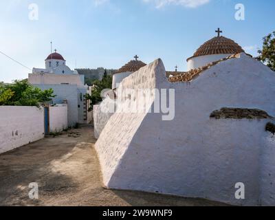 Chiese bianche di Patmos Chora, Isola di Patmos, Dodecaneso, Grecia Foto Stock