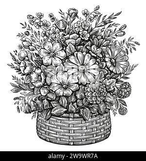 Illustrazione dello schizzo della disposizione floreale. Cestino in vimini disegnato a mano con fiori selvatici in stile vintage Illustrazione Vettoriale