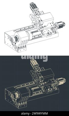 Illustrazione vettoriale stilizzata di progetti isometrici della macchina da tornio CNC Illustrazione Vettoriale