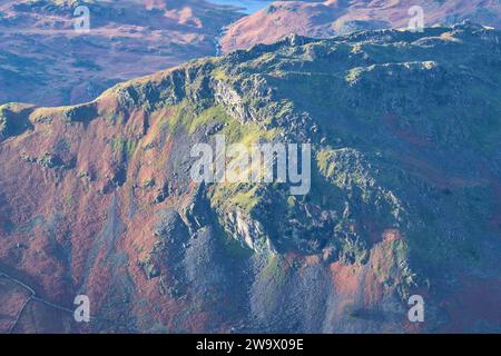 Helm Crag visto da Great Rigg, Grasmere, Lake District, Cumbria Foto Stock