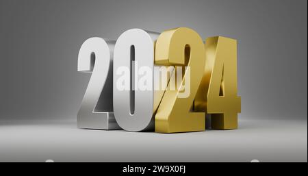 Numeri volumetrici in metallo per Capodanno 2024 realizzati in argento e oro su sfondo grigio. rendering 3d. Foto Stock