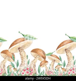 Funghi e bacche senza cuciture bordo disegnati a mano con acquerello. Illustrazioni d'arte botanica per t-shirt, tazze, tessuti, carta da parati, tovaglie Foto Stock