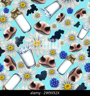 Modello senza cuciture con naso e macchie di vacche da latte, latte e fiori selvatici. Illustrazione ad acquerello disegnata a mano. Su sfondo blu. Per etichette, backg Foto Stock