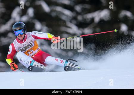 Patrick Feurstein (AUT) gareggia durante la Coppa del mondo di sci alpino Audi FIS, MenÕs Giant Slalom gara sulla pista Gran Risa, alta Badia il 17 dicembre 2023 Foto Stock