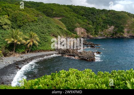 Questa appartata spiaggia di sabbia nera, incorniciata da una lussureggiante vegetazione tropicale e rocce laviche, è un luogo tranquillo lungo la costa meridionale di Maui vicino all'autostrada Piilani Foto Stock