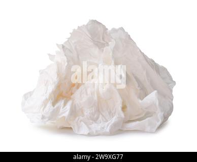 Il salviettino o la carta salviettina a vite o schiacciata in una forma strana dopo l'uso in bagno o toilette è isolato su sfondo bianco con percorso di ritaglio. Foto Stock