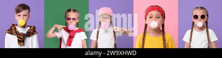 Simpatici bambini che soffiano gomme da bolla su sfondi a colori, set di foto Foto Stock