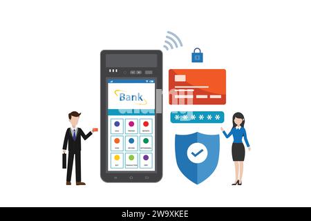 Illustrazione vettoriale del mobile banking online e dei pagamenti mobili. Sicurezza delle transazioni e pagamenti sicuri con uomini e donne Illustrazione Vettoriale