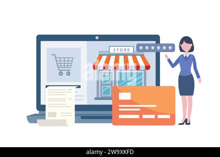 Donna che utilizza carta di credito, sistema di pagamento sicuro per lo shopping online con laptop aperto e negozio online Illustrazione Vettoriale