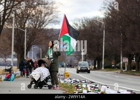 Harrisburg, Stati Uniti. 30 dicembre 2023. Un manifestante detiene una bandiera palestinese durante una manifestazione pro-palestinese. I manifestanti hanno piazzato più di 20.000 bandiere, una per ogni persona uccisa a Gaza dall'inizio della guerra Israele-Hamas, lungo la strada vicino alla residenza del governatore della Pennsylvania. Credito: SOPA Images Limited/Alamy Live News Foto Stock