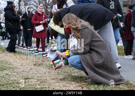 Harrisburg, Stati Uniti. 30 dicembre 2023. La gente pone piccole bandiere palestinesi nel terreno durante una manifestazione pro-Palestina. I manifestanti hanno piazzato più di 20.000 bandiere, una per ogni persona uccisa a Gaza dall'inizio della guerra Israele-Hamas, lungo la strada vicino alla residenza del governatore della Pennsylvania. Credito: SOPA Images Limited/Alamy Live News Foto Stock