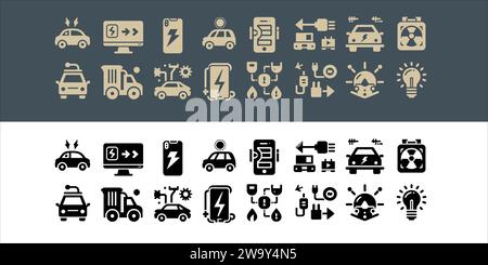 Veicolo elettrico vettoriale. icona per auto impostata con stazione di ricarica e batteria Illustrazione Vettoriale