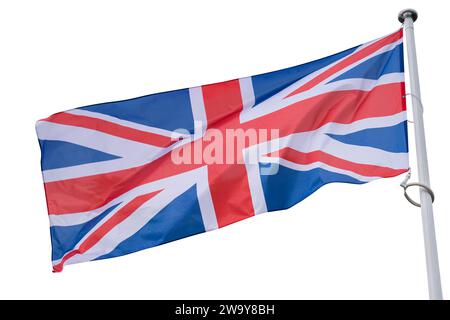 La bandiera britannica fluttua nel vento. Simbolo di stato del Regno Unito Foto Stock