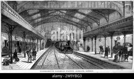 Incisione della stazione ferroviaria sotterranea, Aldgate, Londra, da The Underground World, circa 1878 Foto Stock