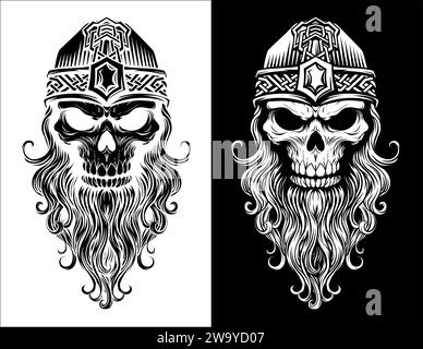 Viking Warrior Skull Man Mascot Face in casco Illustrazione Vettoriale