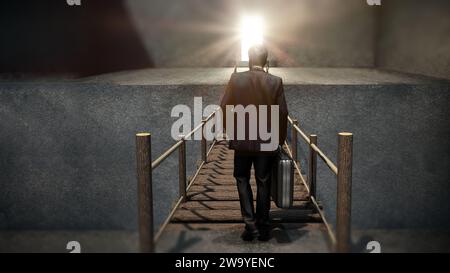 Uomo d'affari in piedi di fronte alle scale che conducono alla luminosa keyhole. Illustrazione 3D. Foto Stock