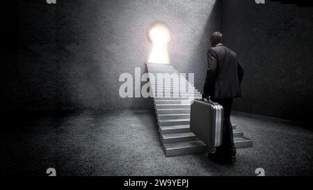 Uomo d'affari in piedi di fronte alle scale che conducono alla luminosa keyhole. Illustrazione 3D. Foto Stock