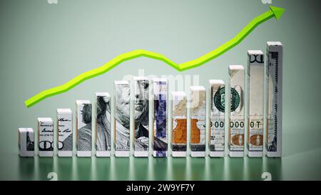 Barre del dollaro e freccia ascendente. Illustrazione 3D. Foto Stock