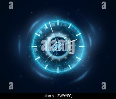 Macchina del tempo. Orologio al neon. Orologio quadrante. Un orologio astratto dal futuro con un tocco di modernità. Vecchio cronometro. Luce blu. Freccia tecnica. Conto alla rovescia del timer. Cyber Illustrazione Vettoriale