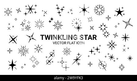 Icone glitter. Scintillanti stelle natalizie, texture ed elementi magici lucenti, pittogrammi di scintille e forme spaziali brillanti. Particelle geometriche e fuochi d'artificio, elementi isolati sullo sfondo delle festività vettoriali Illustrazione Vettoriale