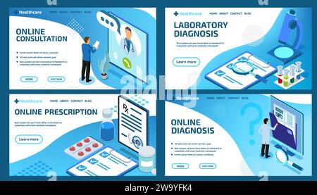Pagina di destinazione dei medici online. Assistenza sanitaria isometrica. Consulto ospedaliero. Assistenza sanitaria e diagnostica di laboratorio. Infografica sulla farmacia e sul trattamento dei pazienti. Modello di progettazione del sito Web. Sfondo vettoriale Illustrazione Vettoriale