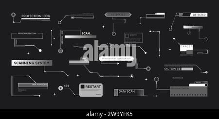 Didascalie HUD. Icone tecnologiche digitali per chiamate tecnologiche o casella di testo sport. Grafico dati. Freccia Info per il video. Bordi quadrati del pannello. Design fantascientifico. Elementi di interfaccia Cyber. Set di barre moderne per computer vettoriali Illustrazione Vettoriale