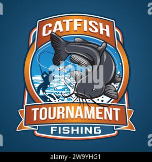 Logo della mascotte per la pesca a pesci gatto con design vettoriale Illustrazione Vettoriale