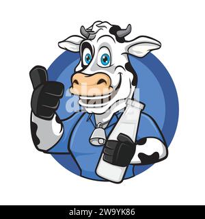 Design mascotte con logo mucca da latte sorridente Illustrazione Vettoriale