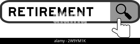 Cerca banner in ritiro parole con icona di lente di ingrandimento a mano su sfondo bianco Illustrazione Vettoriale