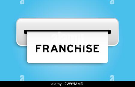 Banner coupon bianco con parola franchise da macchina su sfondo blu Illustrazione Vettoriale