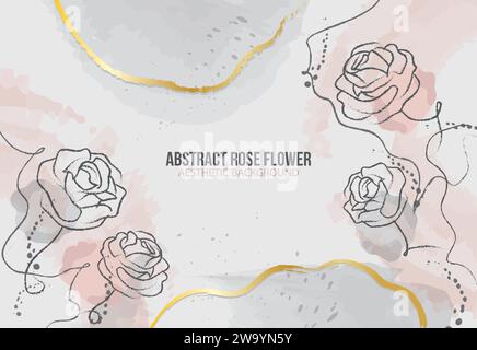 Sfondo estetico di disegno con fiori di rosa con pennello dorato Illustrazione Vettoriale