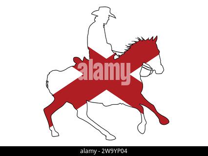 Una silhouette di un cowboy statunitense su un cavallo con la bandiera dello stato dell'Alabama Illustrazione Vettoriale