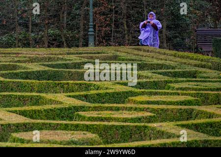 Bruxelles, Belgio. 31 dicembre 2023. La gente cerca ancora di godersi un'escursione: I resti dell'ultima tempesta scatenano i giardini botanici di Bruxelles con il tempo piovoso. Crediti: Guy Bell/Alamy Live News Foto Stock