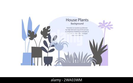 Set di piante da casa in pentole e silhouette disegnate a mano. Modello per landing page o banner. Illustrazione Vettoriale