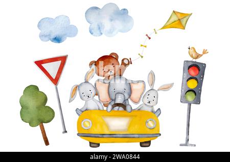Orso, elefante e coniglio dei cartoni animati in auto gialla con pittura ad acquerello di uccelli e aquiloni. Trasporto in auto con animali carini, semafori e alberi, illustrazione di viaggio di aquarelle Illustrazione Vettoriale