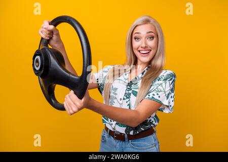 Ritratto di una donna felicissima indossa una blusa elegante che tiene il volante durante le lezioni di guida isolata su sfondo giallo Foto Stock