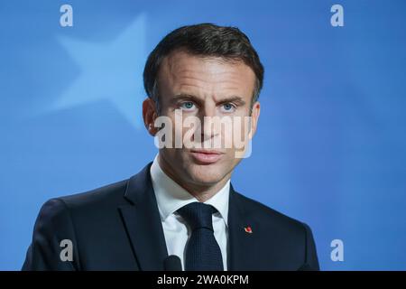 Bruxelles, Belgio. 27 ottobre 2023. Emmanuel Macron Presidente della Francia ha partecipato alla conferenza stampa dopo il Vertice del Consiglio europeo a Bruxelles, in Belgio. (Foto di Nik Oiko/SOPA Images/Sipa USA) credito: SIPA USA/Alamy Live News Foto Stock