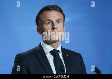 Bruxelles, Belgio. 27 ottobre 2023. Emmanuel Macron Presidente della Francia ha partecipato alla conferenza stampa dopo il Vertice del Consiglio europeo a Bruxelles, in Belgio. (Immagine di credito: © Nik Oiko/SOPA Images via ZUMA Press Wire) SOLO PER USO EDITORIALE! Non per USO commerciale! Foto Stock