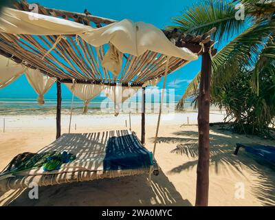 Un'amaca sotto un baldacchino fiancheggiata da palme invita a rilassarsi su una spiaggia soleggiata, Zanzibar, Tanzania, Africa Foto Stock