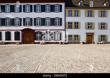 Fassaden und Häuser auf dem Münsterplatz a Basilea, Kanton Basel-Stadt, Schweiz Foto Stock